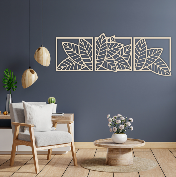 Wanddekoration aus Holz  dreiteilig mit verschiedenen Blättern